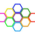 A honeycomb pattern of hexagons in a variety of colors.