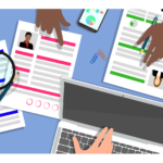 Poring over resumes at an office desk (graphic).