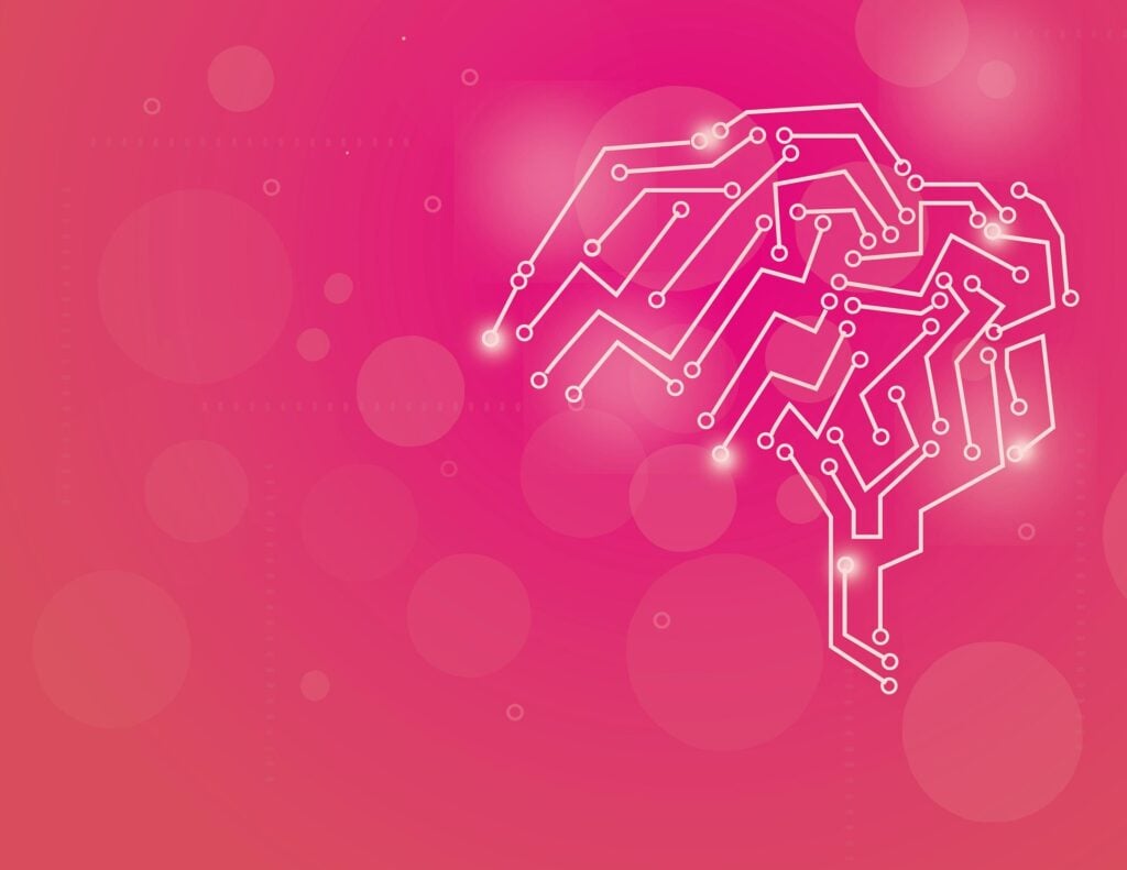 A futuristic looking brain made of circuits, symbolizing AI.