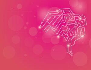 A futuristic looking brain made of circuits, symbolizing AI.