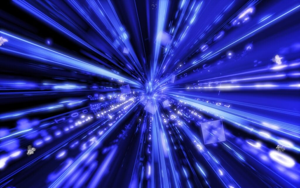 Futuristic wormhole with beams of light streaming out.