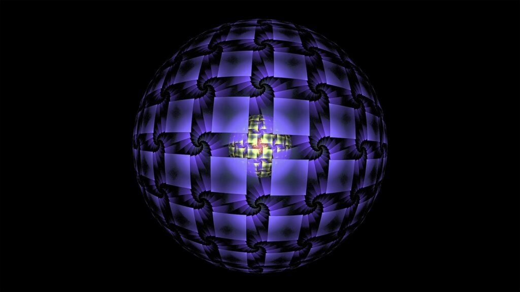 Futuristic fractal sphere with digital egg emerging in the center.