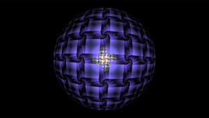 Futuristic fractal sphere with digital egg emerging in the center.