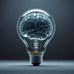A brain inside of a light bulb showing both human mindset and AI.