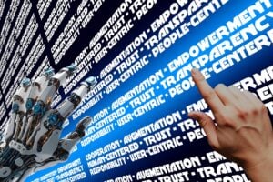 Robot hand and human hand hover over screen with collective intelligence phrases.