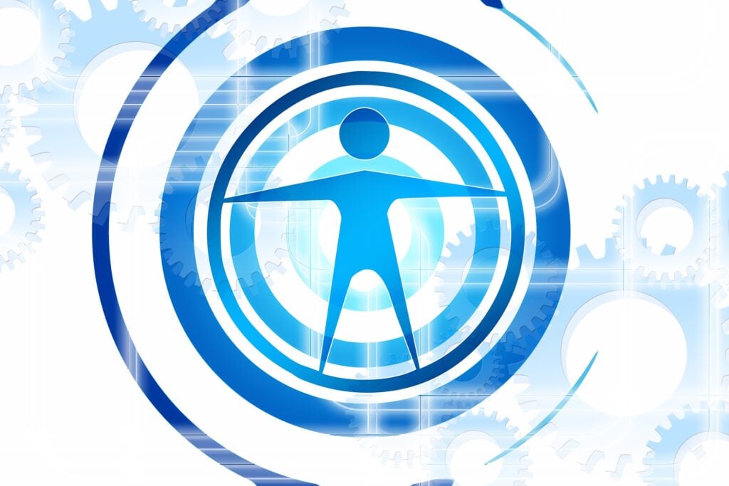 Human in center of circles surrounded by circles and gears like a machine or process.
