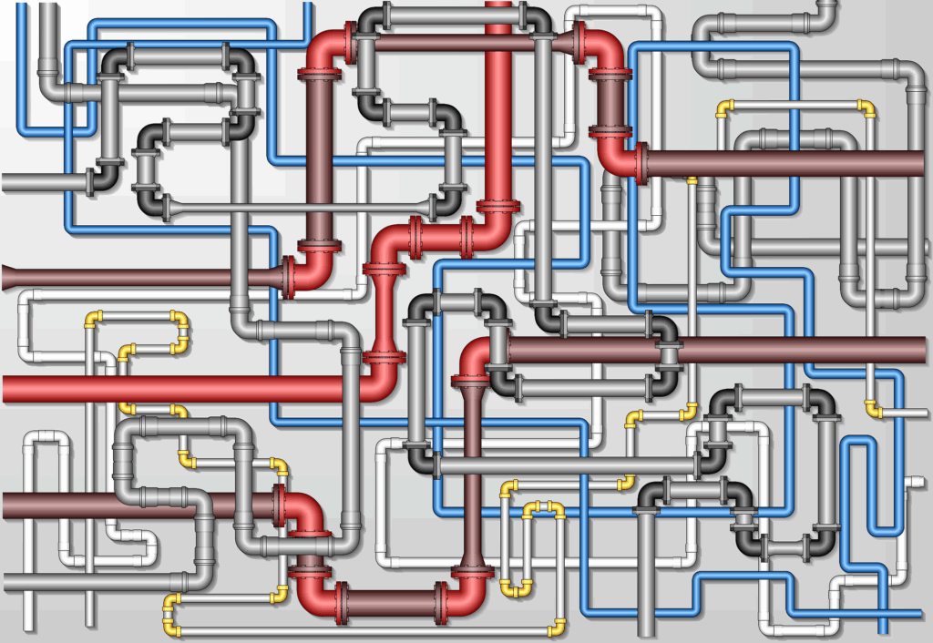 An illustration of a maze of pipes going off in all directions.