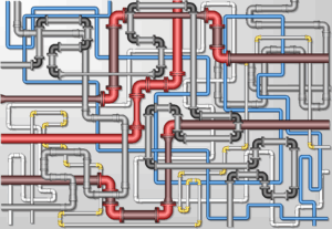 An illustration of a maze of pipes going off in all directions.
