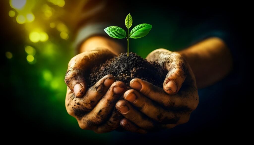 Seedling and soil in someone’s cupped hands, green background.