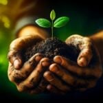 Seedling and soil in someone’s cupped hands, green background.