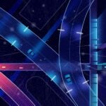 Graphic showing a city freeway system with roads branching off. At night.