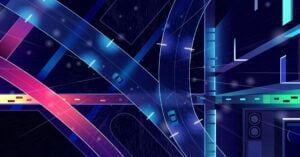 Graphic showing a city freeway system with roads branching off. At night.