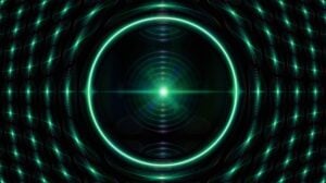 Futuristic lasers and lights in a pattern, with circles centered on an AI-like core.