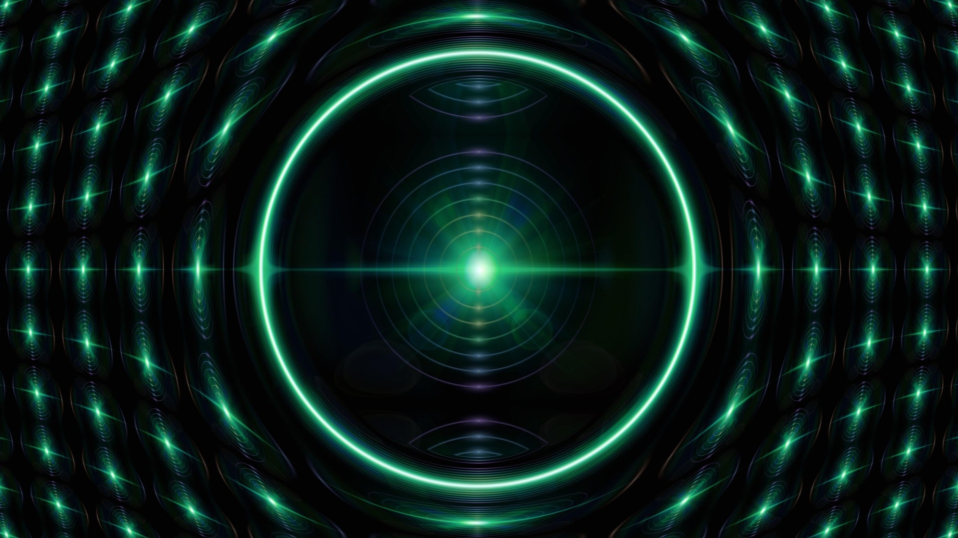 Futuristic lasers and lights in a pattern, with circles centered on an AI-like core.