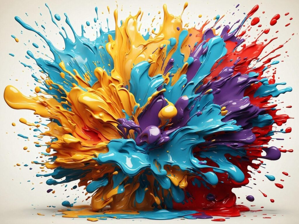 Variety of colored paints impacting or exploding outwards on a white background.