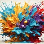 Variety of colored paints impacting or exploding outwards on a white background.