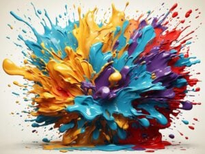Variety of colored paints impacting or exploding outwards on a white background.