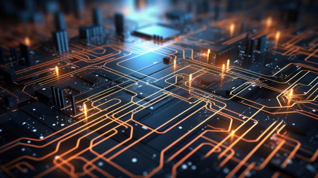 A circuit board kind of shining and glowing with light.