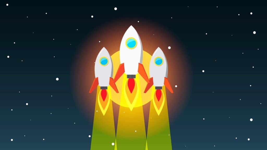 Illustration of three rockets launching into space.