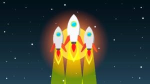 Illustration of three rockets launching into space.