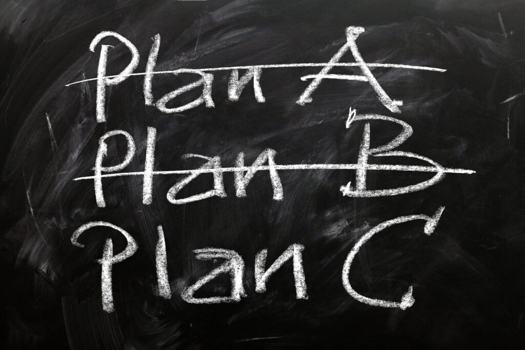 Chalkboard with Plan A, Plan B, (crossed out) and then Plan C.