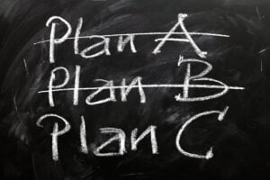 Chalkboard with Plan A, Plan B, (crossed out) and then Plan C.