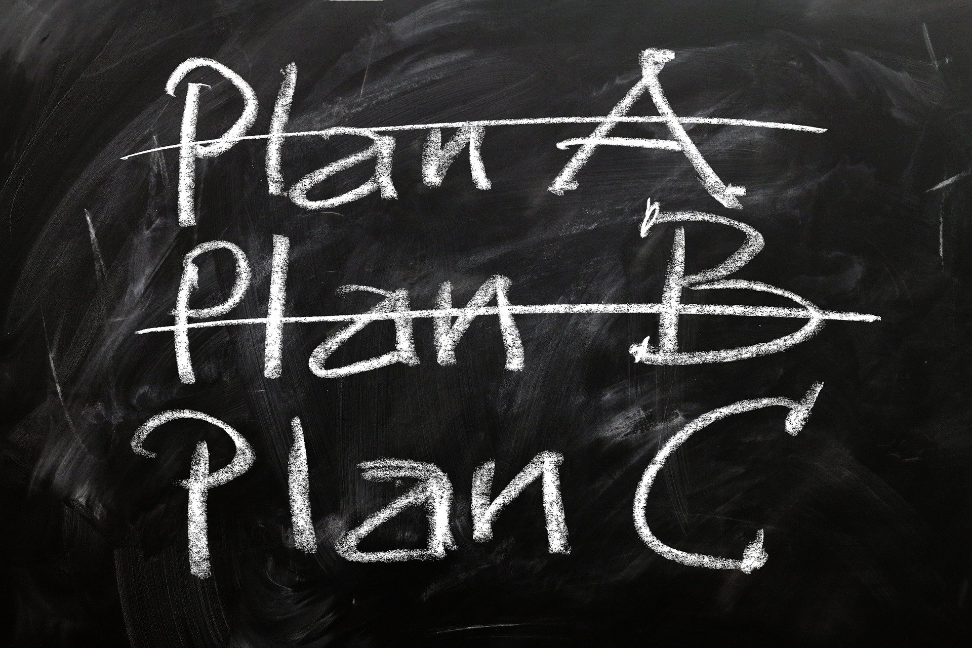 Chalkboard with Plan A, Plan B, (crossed out) and then Plan C.