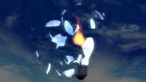 Broken glass exploding around a broken light bulb, symbolizing broken innovation.