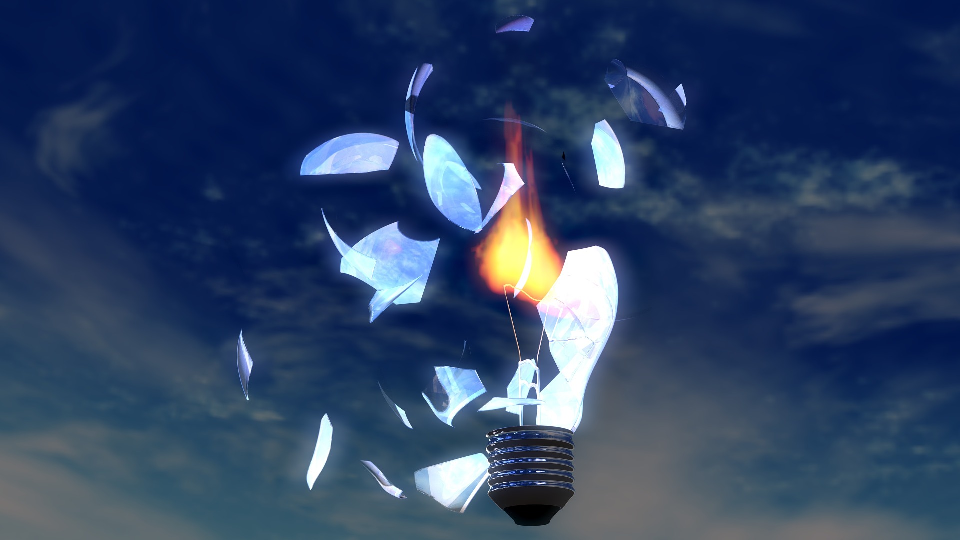 Broken glass exploding around a broken light bulb, symbolizing broken innovation.