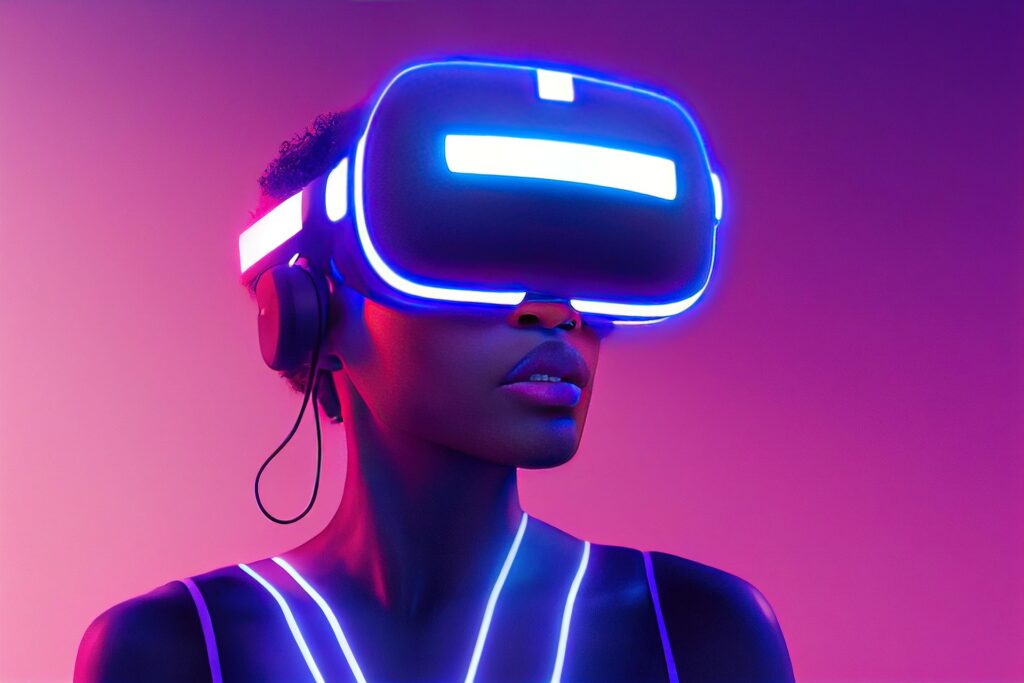 Futuristic image of woman wearing glowing virtual reality headset.