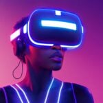 Futuristic image of woman wearing glowing virtual reality headset.