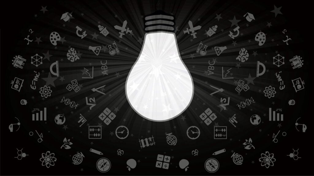 Graphic of a shining light bulb with all kinds of scientific, math and innovation symbols radiating all around it.