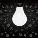 Graphic of a shining light bulb with all kinds of scientific, math and innovation symbols radiating all around it.