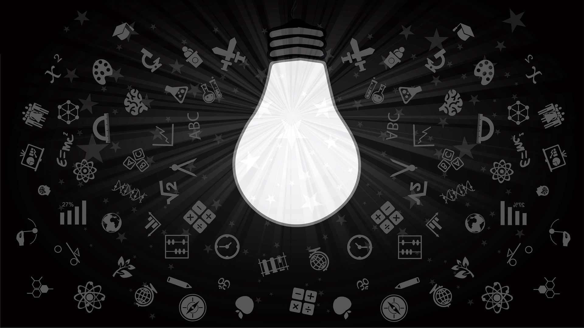 Graphic of a shining light bulb with all kinds of scientific, math and innovation symbols radiating all around it.