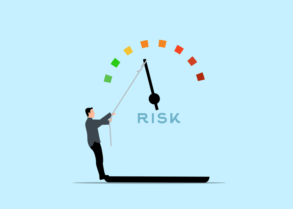 Graphic of a miniature man on a scale, pulling at a needle indicating the level of risk.