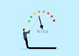 Graphic of a miniature man on a scale, pulling at a needle indicating the level of risk.