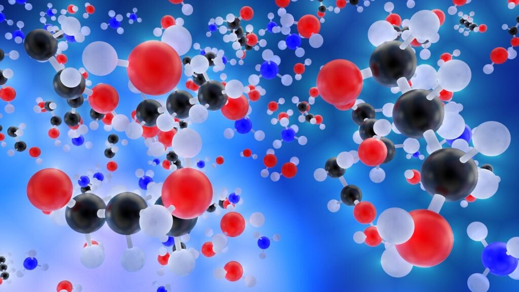 Connected chains of colorful atoms and molecules.