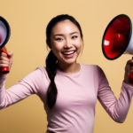 Young Asian woman holding two large megaphones.