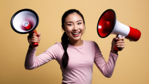 Young Asian woman holding two large megaphones.