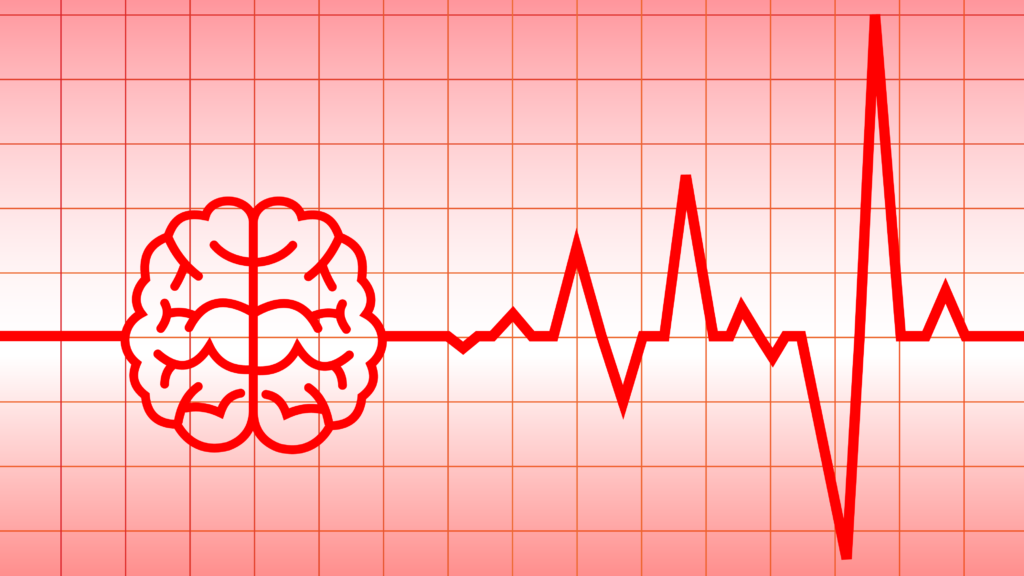 Heart pulse monitor moving up and down on a medical chart, connected to a brain.