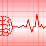 Heart pulse monitor moving up and down on a medical chart, connected to a brain.