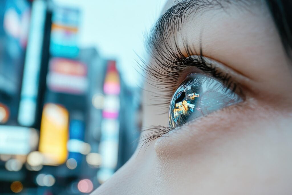 City lights reflecting in a woman’s wide open eye.