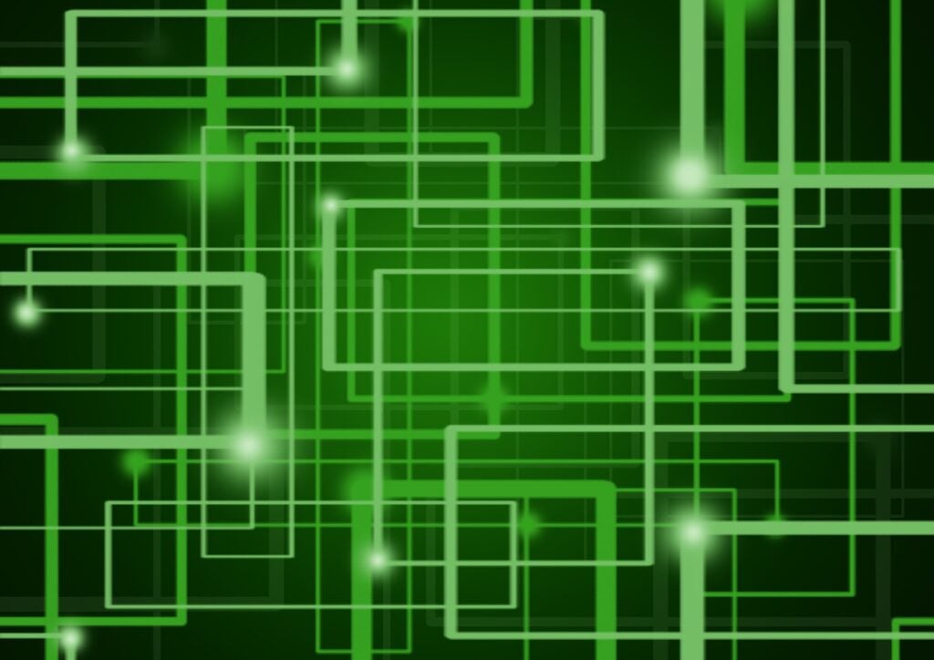 A computer-like background, network with circuits and data points.
