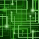 A computer-like background, network with circuits and data points.