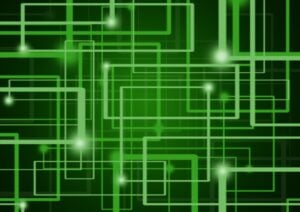 A computer-like background, network with circuits and data points.