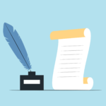 A graphic of a quill pen in inkwell next to a parchment paper.