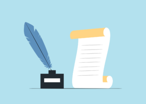 A graphic of a quill pen in inkwell next to a parchment paper.