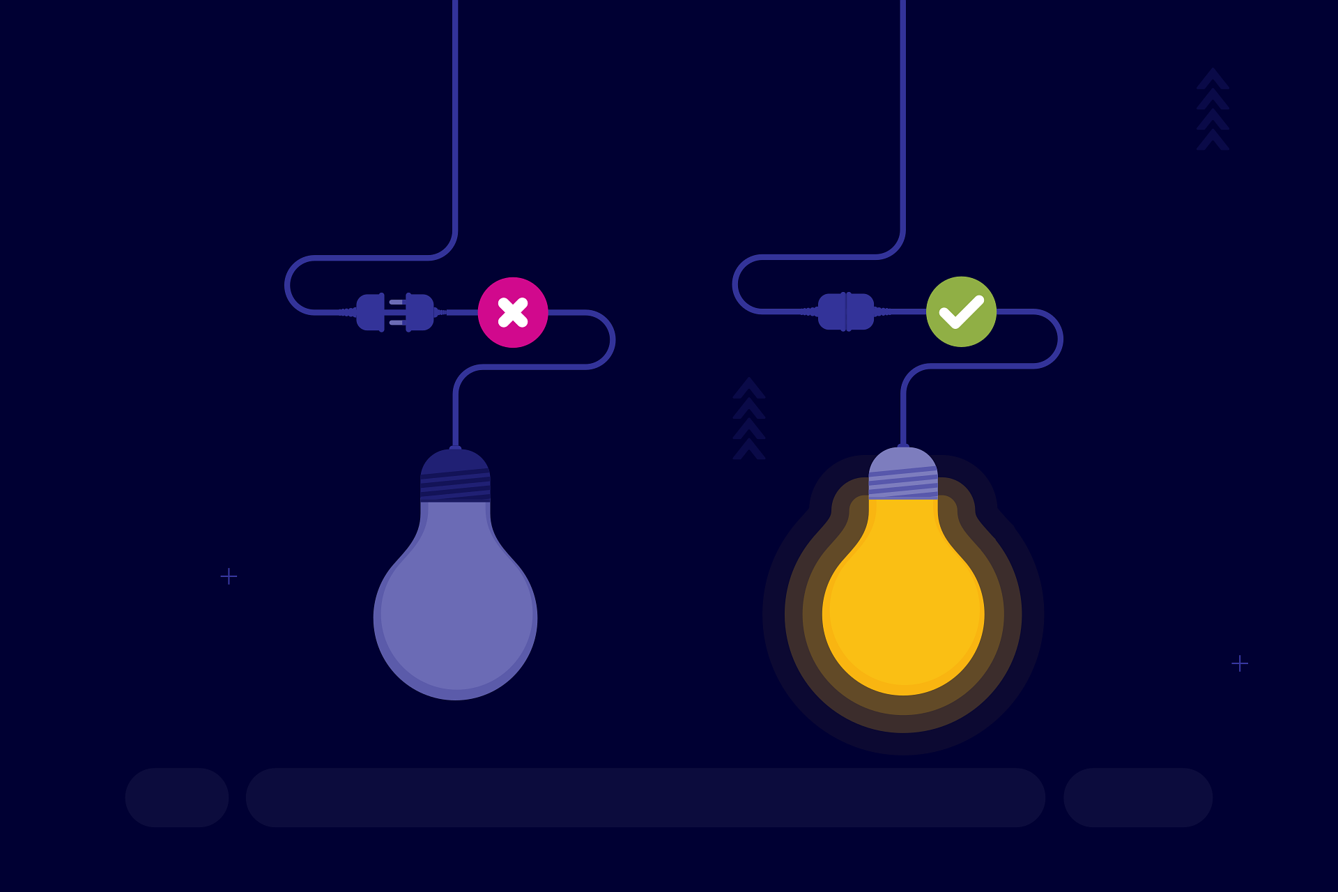 A graphic of 2 wired light bulbs, one is incorrect and one is green and correctly installed.